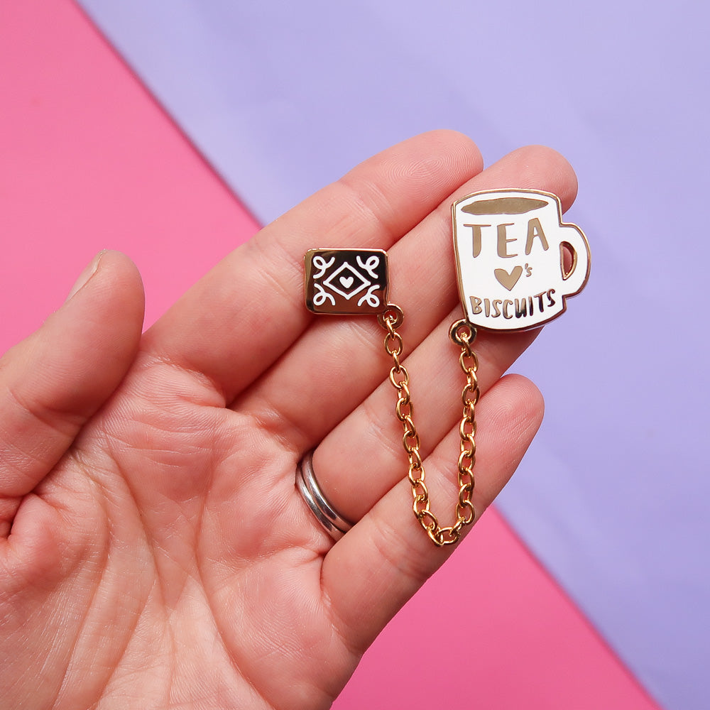 SALE - Tea Loves Biscuits Chained Enamel Pin Duo