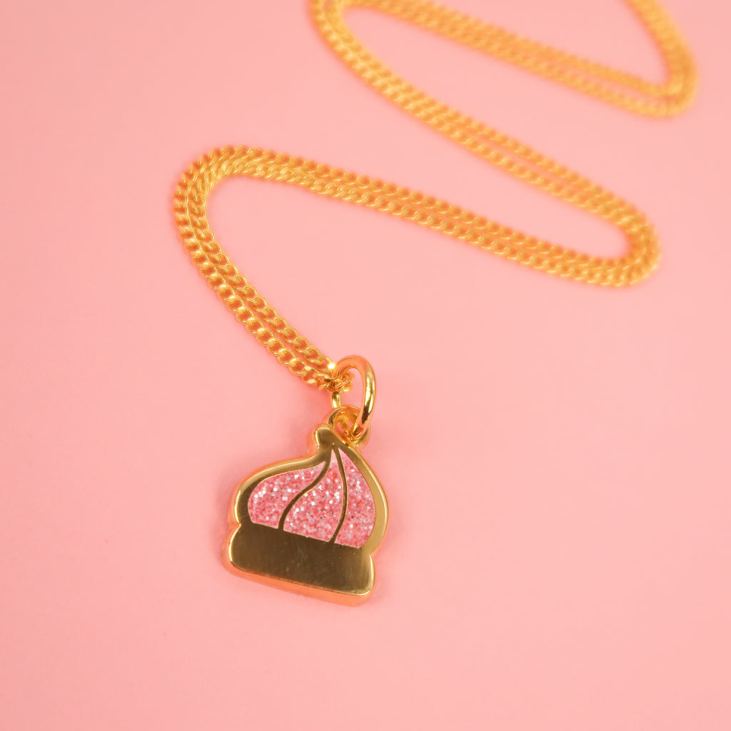 Itty Bitty Gold Iced Gem Necklace with Pink Glitter